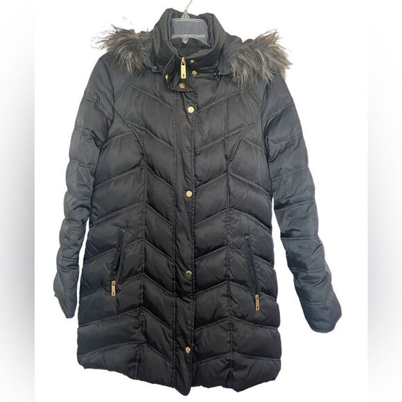 Kenneth Cole New York Black Down Insulated Full Zip Hooded Fur Puffer Coat Large - Picture 1 of 16